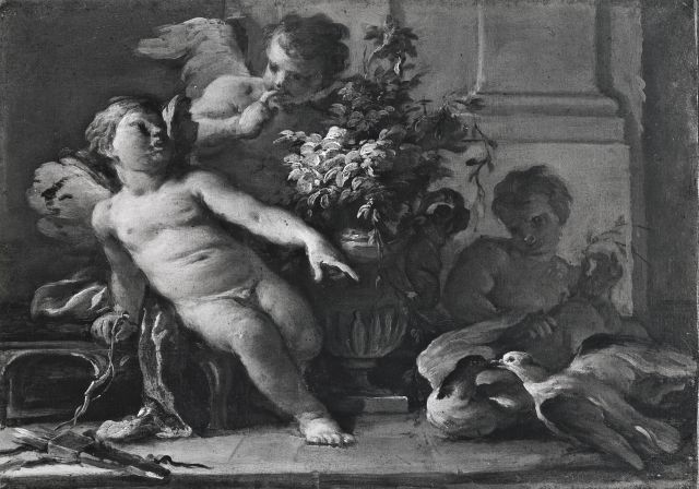 Anonimo — Cestaro Jacopo - sec. XVIII - Putti alati con vaso di fiori e coppia di colombi — insieme